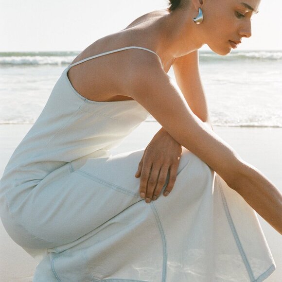 Zara TRF SEAMED DENIM MIDI Dress Saguetti STRAPS Sz L SKY BLUE NWT - Picture 3 of 9